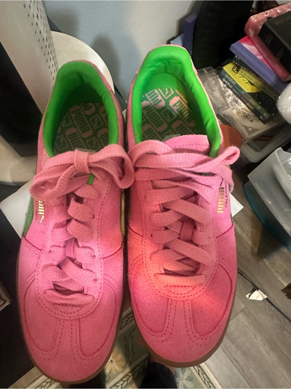 Puma Pink Suede Sneakers with Green Lining